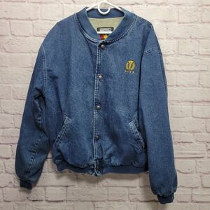 VTG Hartwell ViaSport Denim Bomber Jacket Size XL‎ Snap Closure Logo USA *FLAW